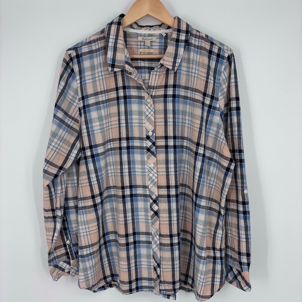 Barbour Seaglow Shirt Women 14 Relaxed Fit Plaid Cotton Linen Button Down